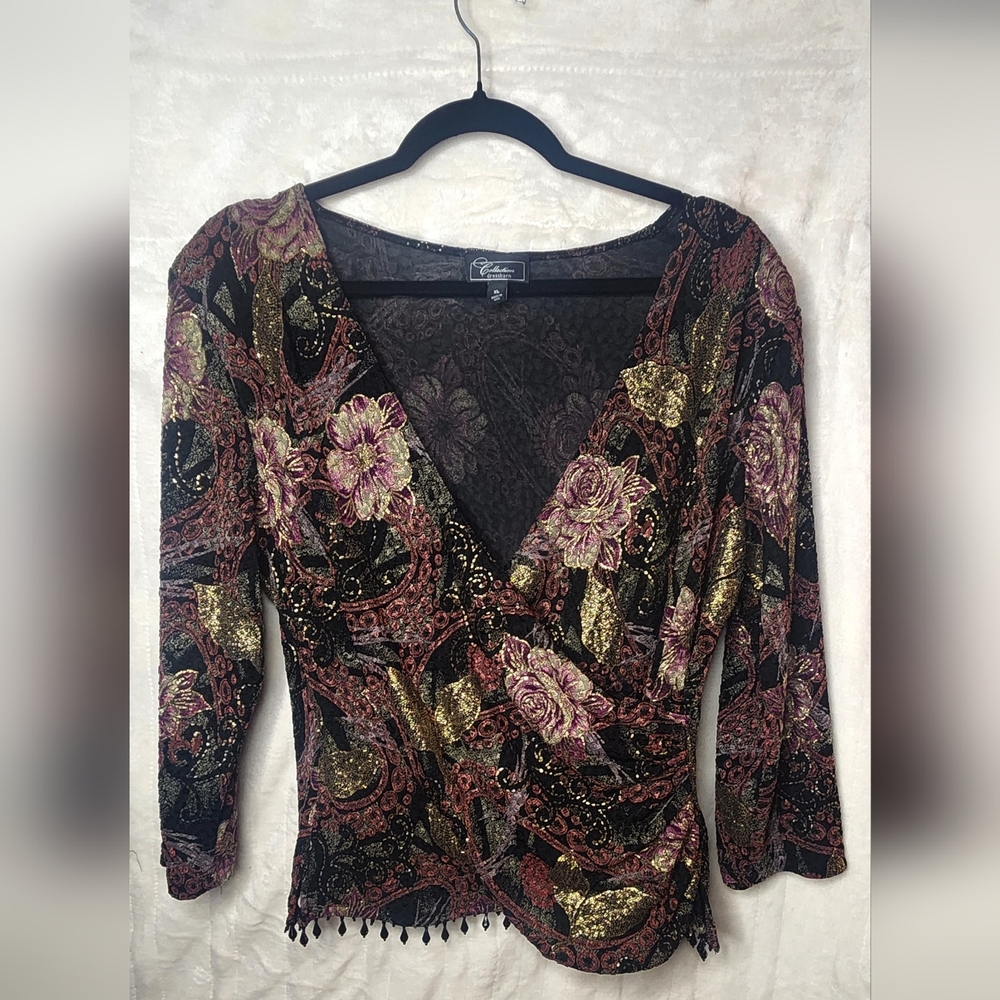 Dress Barn Collection XL Textured Beaded Floral Shirt Blouse